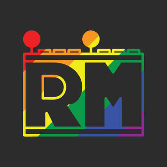 Retrocade Media Logo. Large "R" and "M" with arcade joysticks and buttons on top. A diagonal rainbow can be seen in the letters.